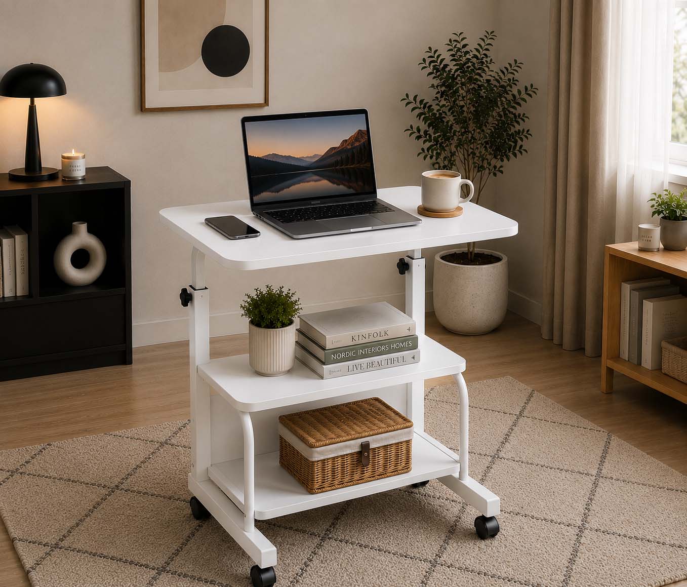 Double Layer Adjustable Table Full White